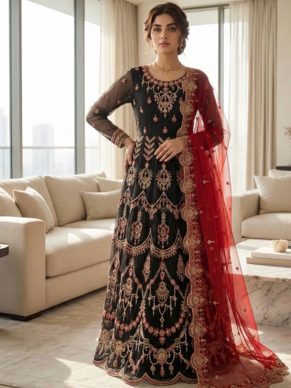 Embroidered Black Anarkali Dress with Red Dupatta